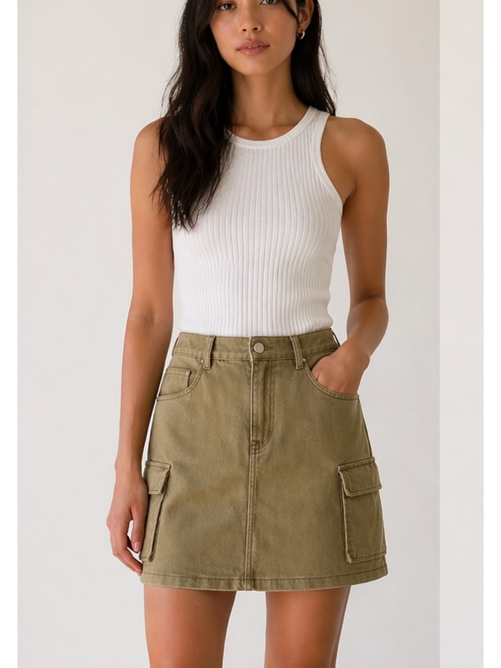 💕 Oak + Fort Classic Fit Tan Mini Cargo Skirt Stretch Mid-Rise Waist Size M